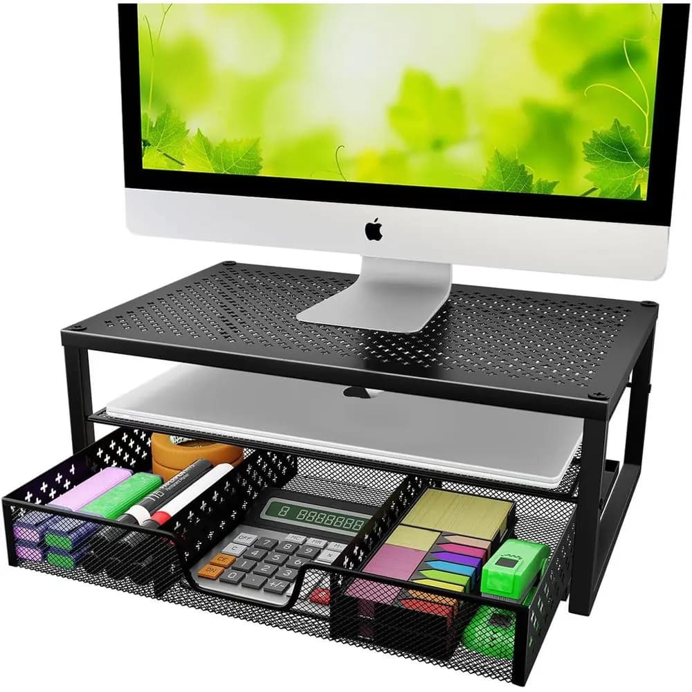 Black Metal Monitor Stand and Desk Organizer for Laptop or Computer