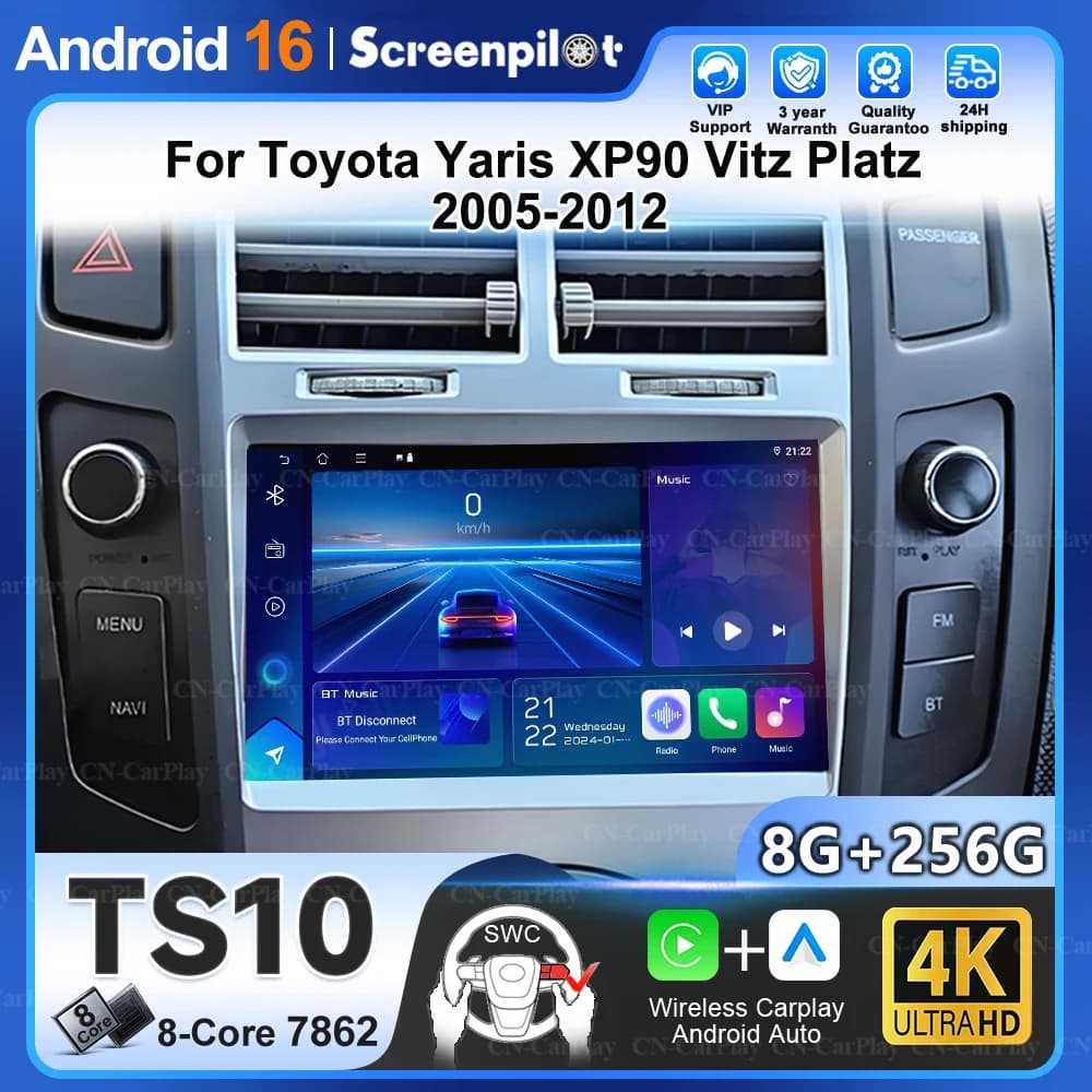 Autoradio 7'' per Toyota Yaris Xp90 Vitz Platz 2005-2012 Android 16 GPS Navigazione Stereo Carplay Auto Multimedia 4G WiFi Player