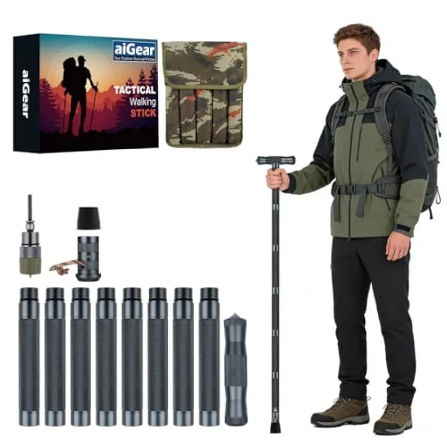 Bastone da Trekking Tattico H3 per Sopravvivenza, Attrezzo Multifunzione per Escursionismo, Bastoni Regolabili per Campeggio e Sopravvivenza 6-in-1