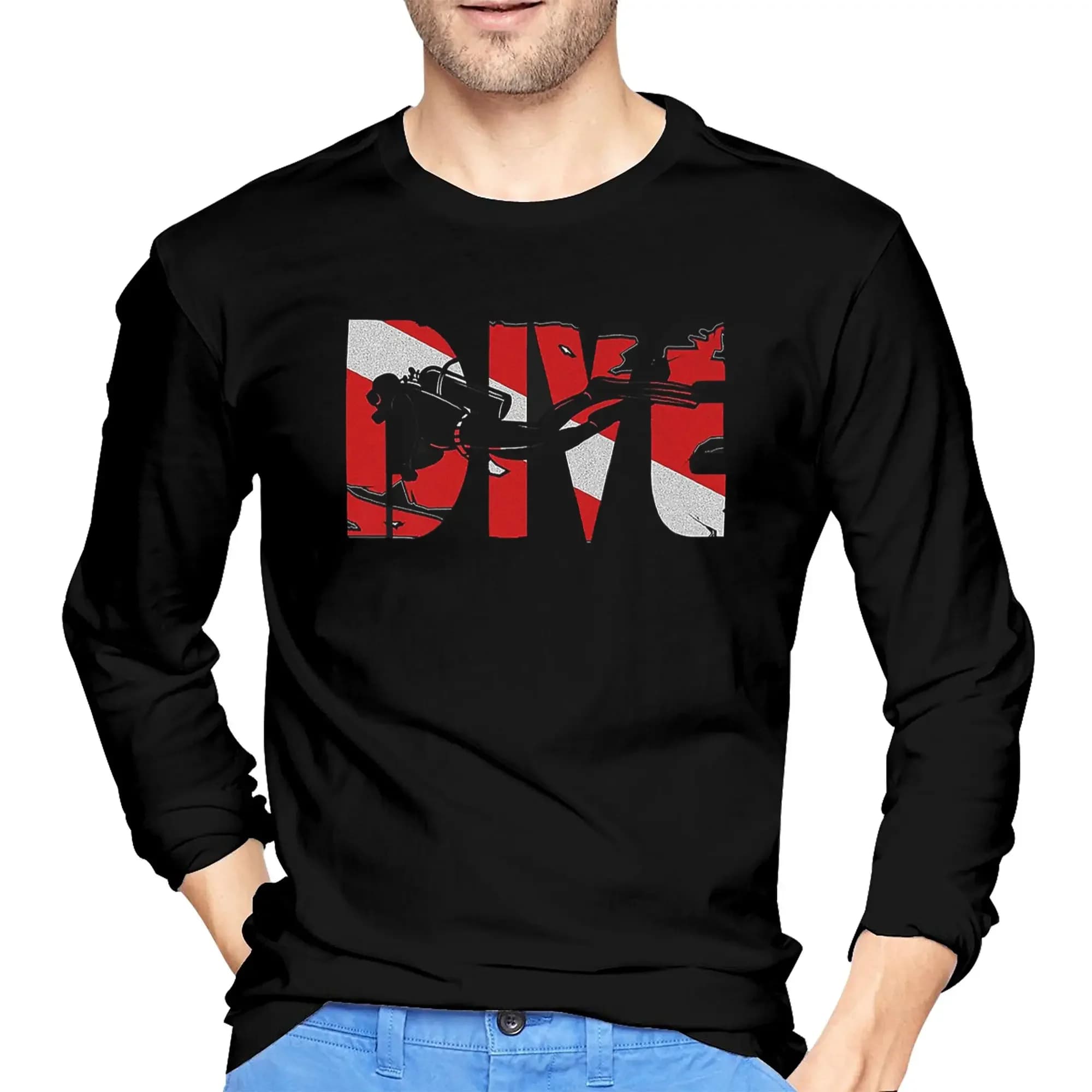 Scuba Diving Dive Diver Sea Snorkeling Sport Men's Long Sleeved T-shirt Casual Crewneck T-shirt Spring and Autumn Man Top