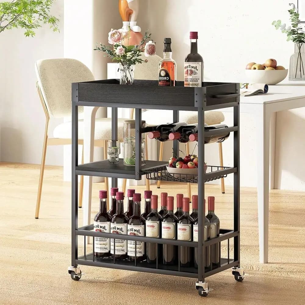 Carrello Portabicchieri da Vino a 3 Ripiani con Cesto, Carrello Mobile da Cucina Industriale Vintage in Legno e Metallo con Ruote