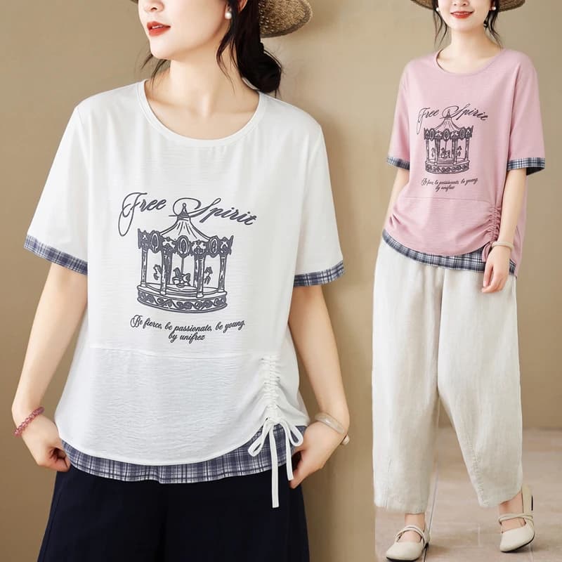 plus Size Plaid Patchwork Drawstring Short Sleeve T-Shirt Summer Slimming Belly Covering Beautiful Top Women's Fashion