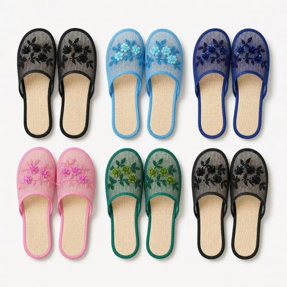 Casual Flower Embroidery Mesh Sandals Soft Bottom Breathable Slide Sandals Non Slip Closed Toe Sandals Women