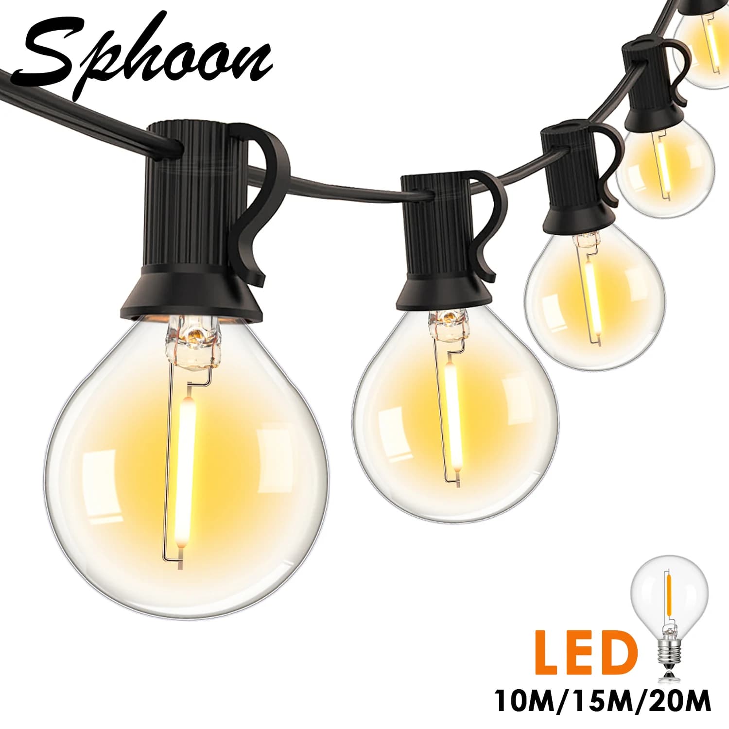 Sphoon Vintage G40 LED String Lights Dimmerabile Impermeabile Collegabile 50FT 65FT Decorazione ghirlanda da giardino Luce da fata per esterni