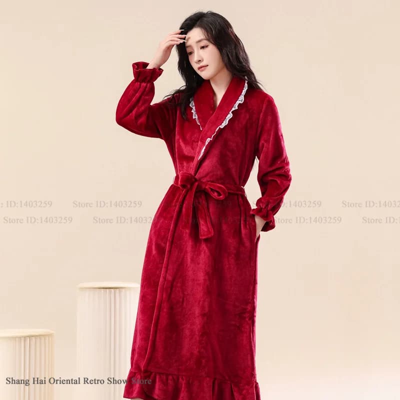 Burgundy Flannel Ruffle Long Robe Women's Sleepwear Winter Thicken Warm Bathrobe Kimono Gown Homewear Coral Fleece Loungewear