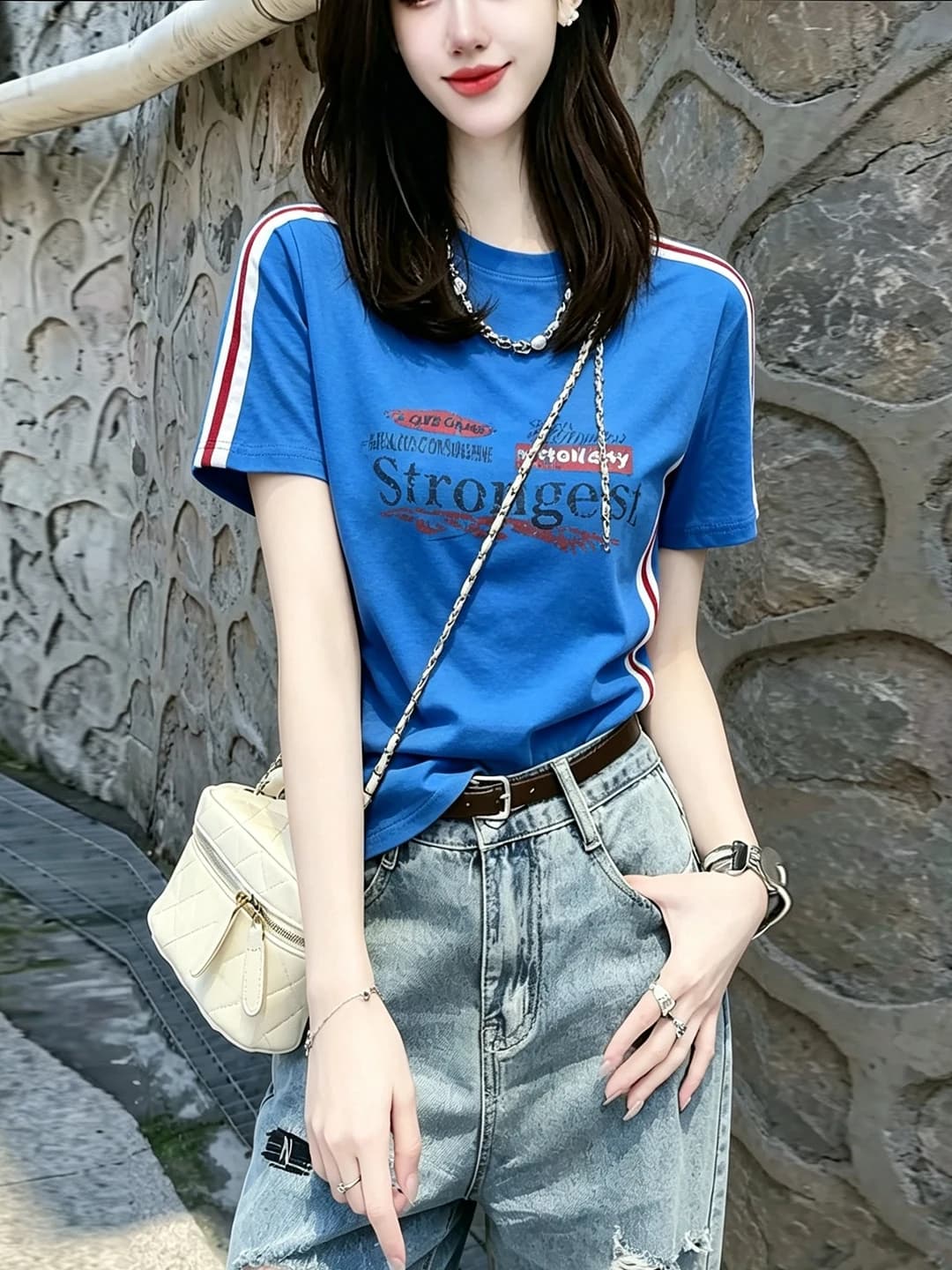 Ladies' Slimming Cotton T-Shirt Short Sleeve Letter Print Summer Fashionable Casual Wear Commute Style Korean Version