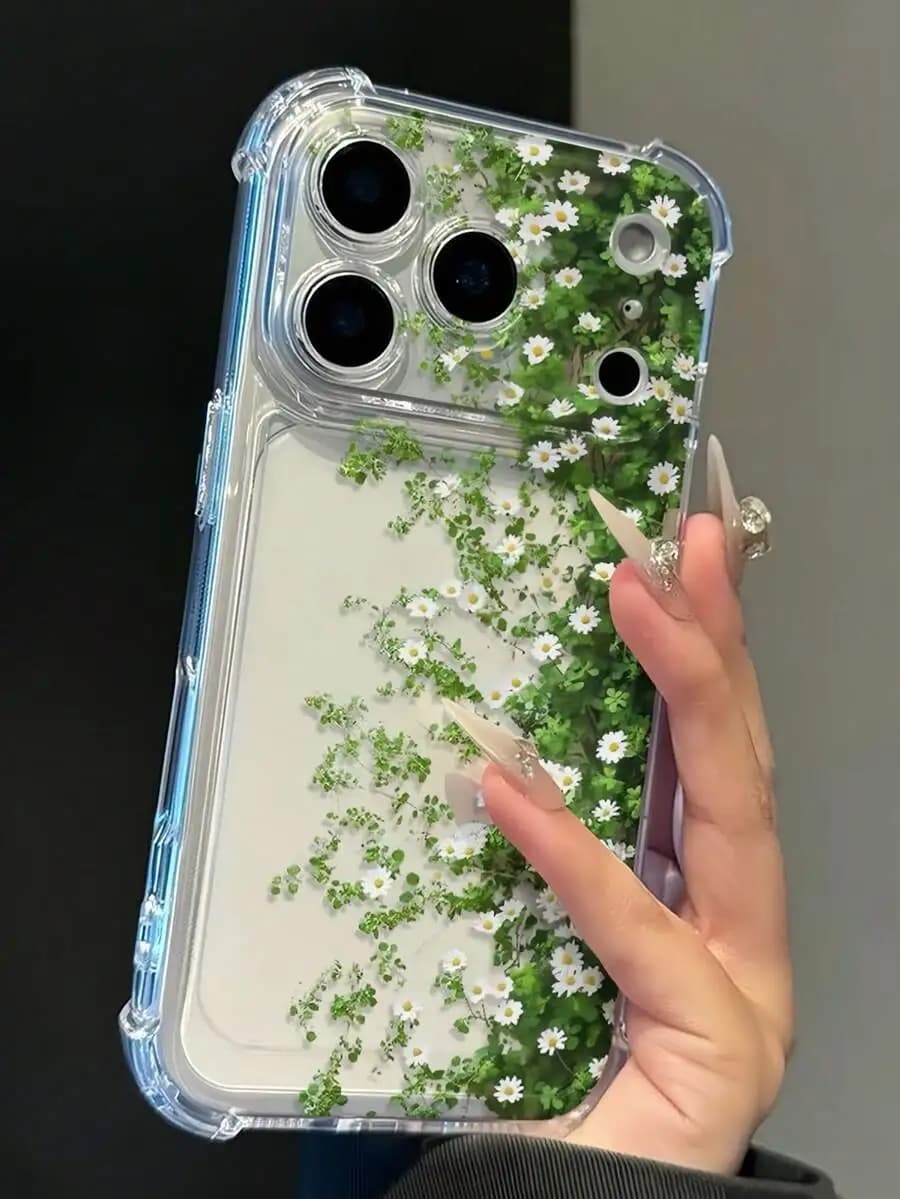 Transparent Floral Phone Case With Raised Edge For iPhone 15 16 17 14 13 12 Pro Max Plus