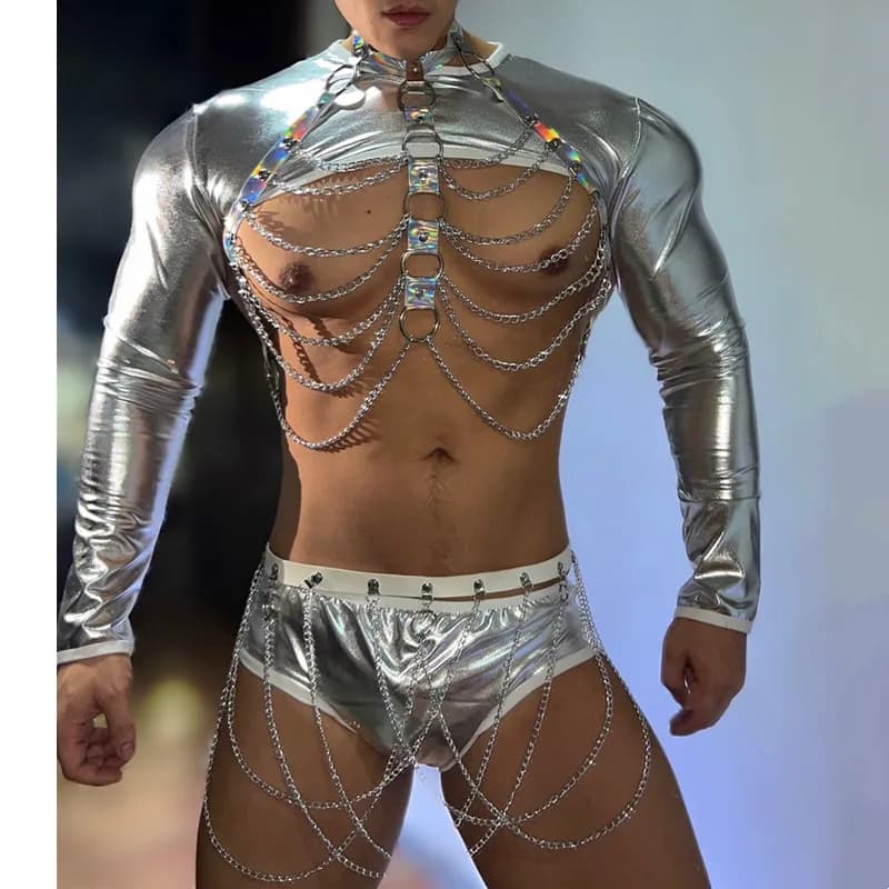 Bar Nightclub Male Gogo Dancer Disco Pole Dance Costume Silver Laser Chest Chain Tops Shorts 4 Piece Set Sexy Rave Stage Wear