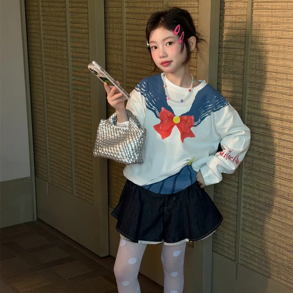 Abbigliamento per Bambine, Gonna-Pantalone in Denim Primavera 2026, Shorts-Gonna Plissettati con Bordo in Pizzo
