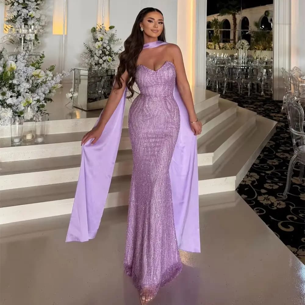 Abito da ballo lilla con perline e sciarpa per l'Arabia Saudita 2026, abito da sera da donna, abiti da sposa e fidanzamento personalizzati