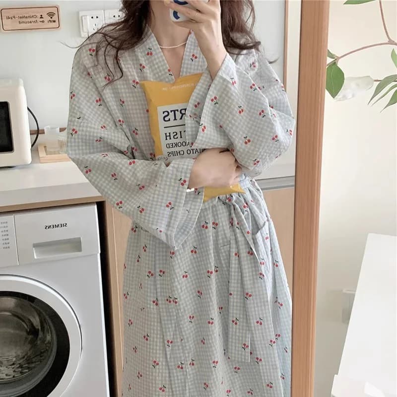 New Fresh and Sweet Plaid Cherry Pattern Robe Sleep Dress Pajamas for Women, Spring and Summer Long-Sleeve Bathrobe Homewear