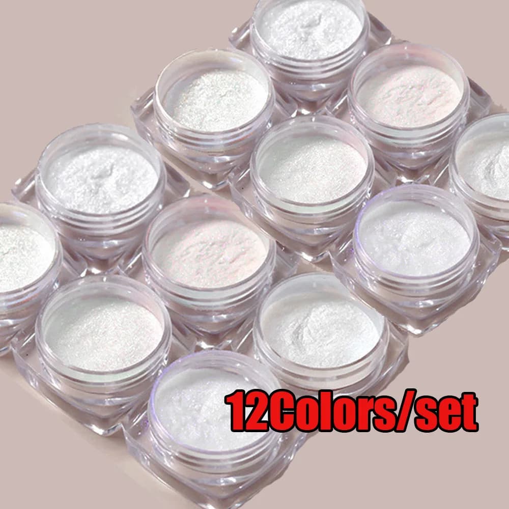 Set di 12 Polveri per Unghie Aurora Bianche Effetto Specchio, 0,3g/Barattolo, Pigmento Cromato Scintillante per Decorazioni Manicure con Gel UV