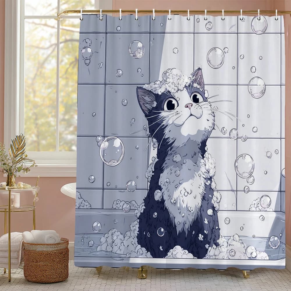 Una simpatica tenda da doccia con gatto dei cartoni animati che fa il bagno, tenda da doccia decorativa per il bagno, tenda da doccia stampata per la casa con ganci