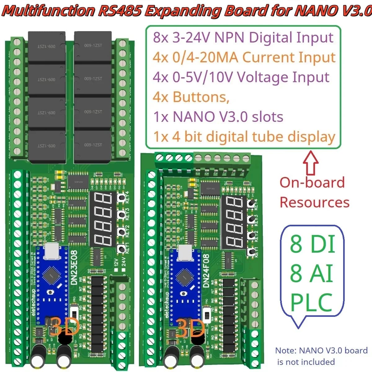 8AI - 8DI - 8DO modulo di espansione IO multifunzione per ARDUINO NANO V3.0 RS485 Modbus RTU Open PLC di sensore di tensione di corrente a LED