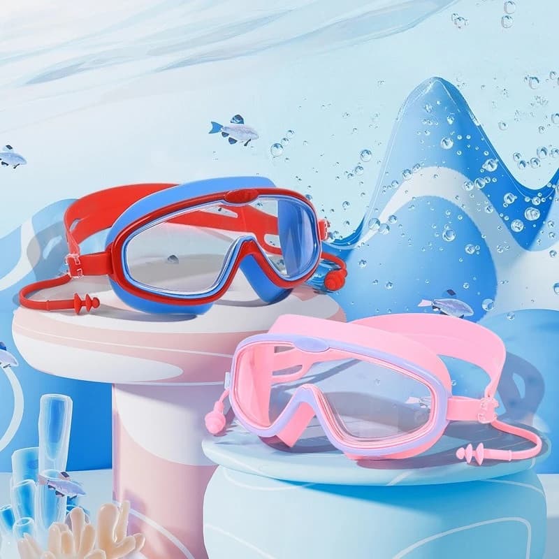 Occhialini da nuoto per bambini con montatura grande, alta definizione, impermeabili, con tappi per le orecchie in silicone, occhialini da nuoto monopezzo per bambini