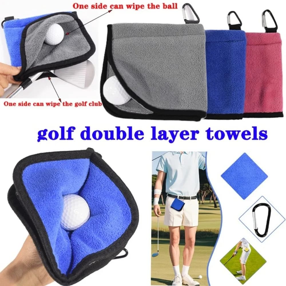 Asciugamano per la pulizia della pallina da golf in microfibra Detergente per mazze da golf quadrato a doppio strato con moschettone Panno per pulire l'assorbimento d'acqua
