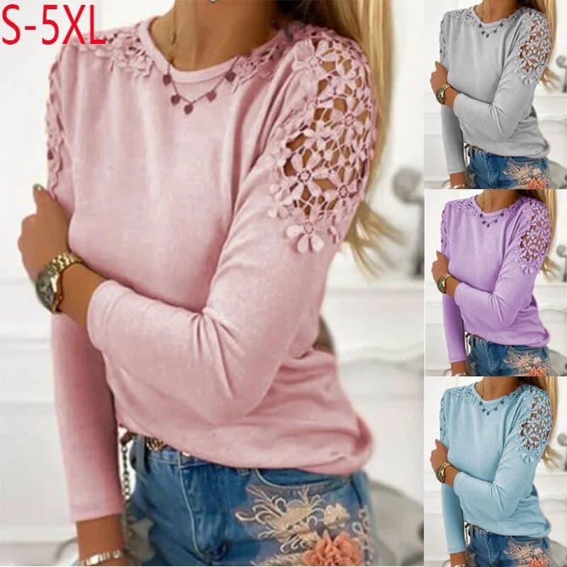 2023 autunno nuove donne t-shirt S-5XL Femme tinta unita Slim Fit pizzo Hollow manica lunga Top donna morbida camicetta Casual leggera