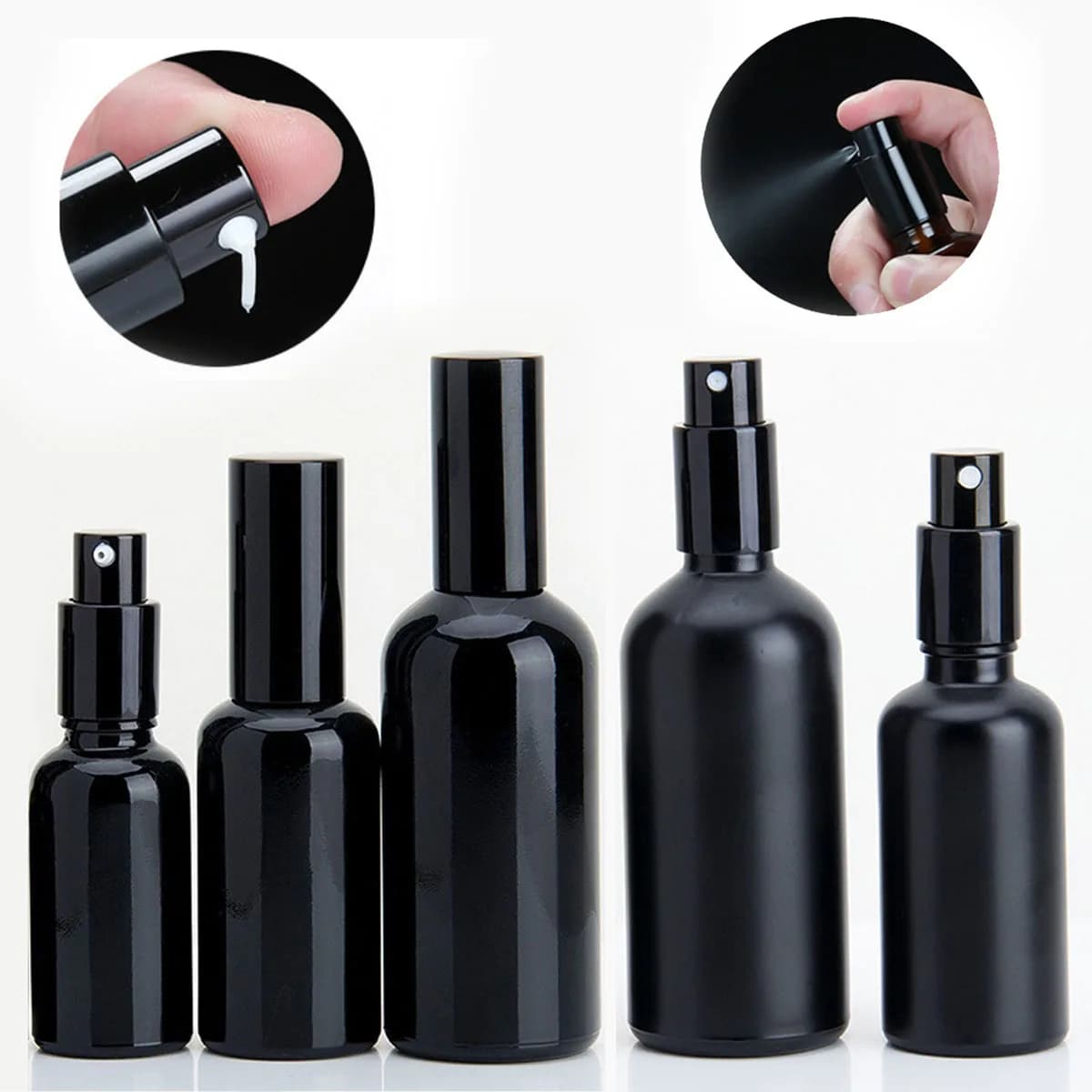 10ml to 100ml Essential Oil Black Empty Glass Bottle Lotion Cream Pump / Fine Mist Sprayer Perfume Atomizer Refillable Shampoo