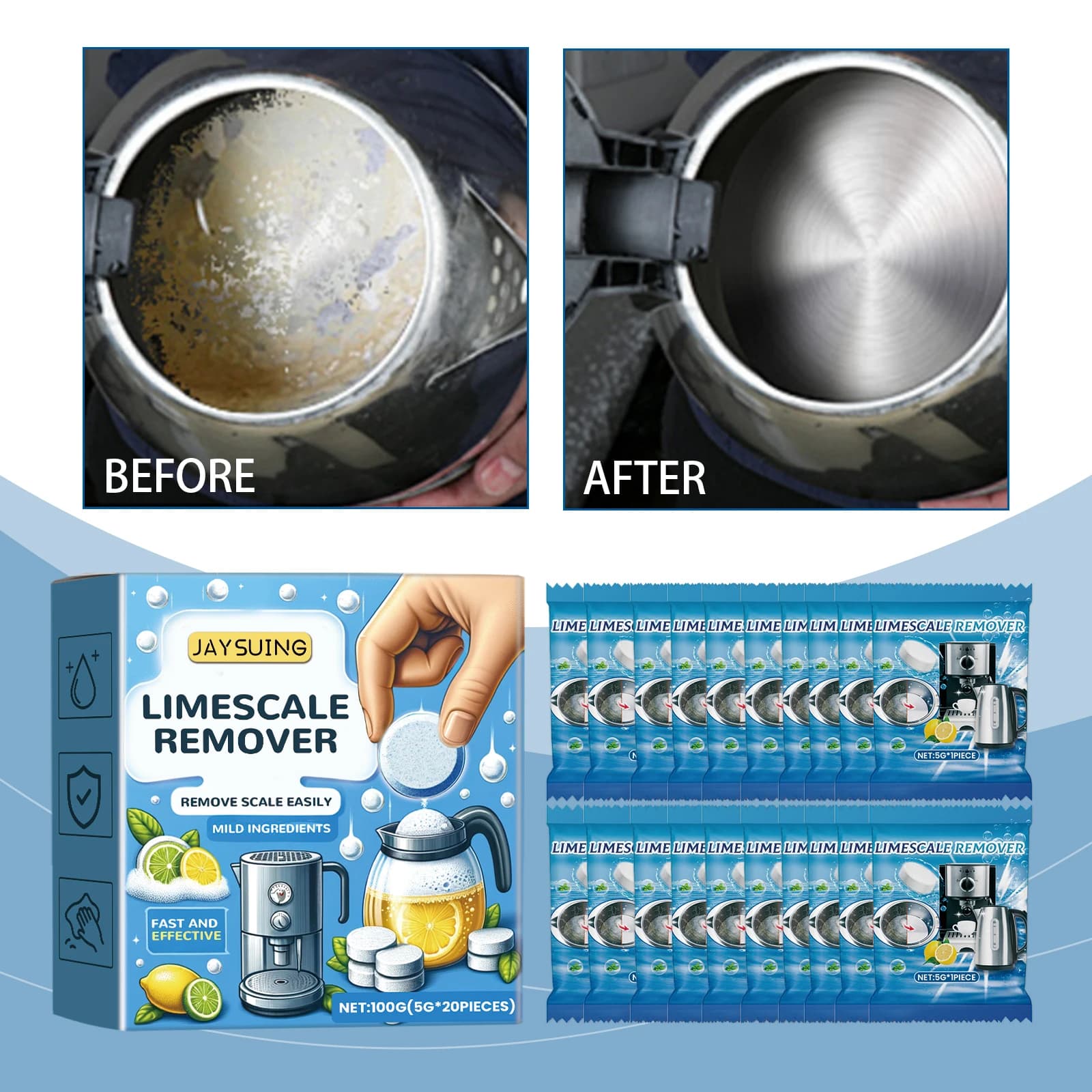 Multipurpose decomposing tablets for cleaning the scale of files Electric kettle clean in file scale