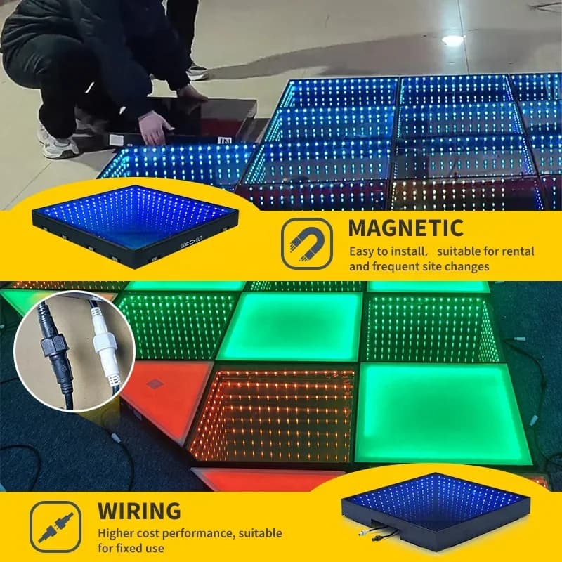 Piastrelle per pavimenti a LED con classificazione IP65 Pista da ballo magnetica con luci a fascio per la decorazione di eventi di feste di Natale in discoteca di nozze