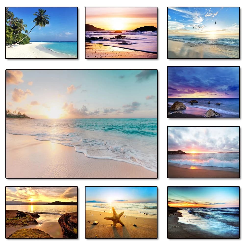 Poster di Tramonto sul Mare Hawaiano, Dipinti Diamantati con Paesaggio Marino Dorato, Quadri con Palme Tropicali, Decorazioni per Soggiorno e Casa