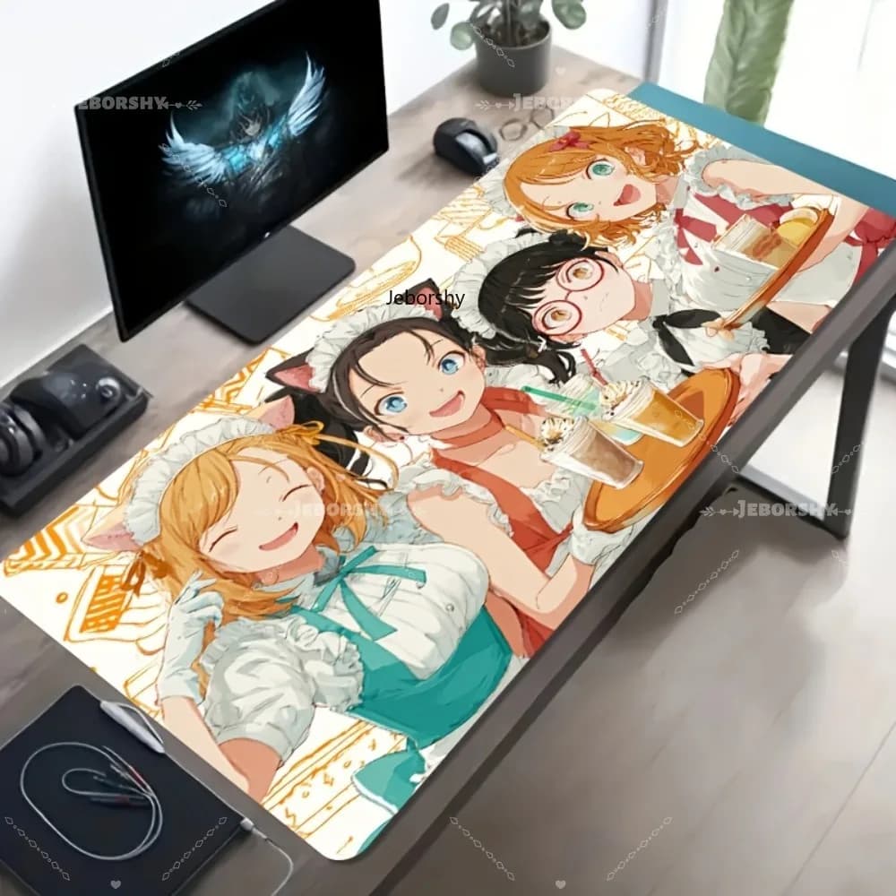 Tappetino per Mouse da Gaming Grande con Ragazze Anime Carine con Orecchie di Gatto, Tappetino da Scrivania Antiscivolo