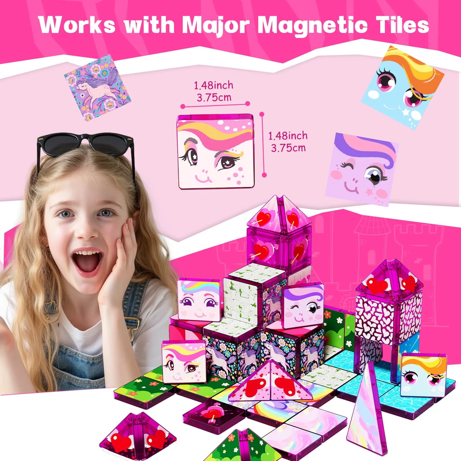 52PCS Unicorn Magnetic Tiles Building Blocks, STEM Educational Creative Construction Toy Kids Girls Birthday Gift