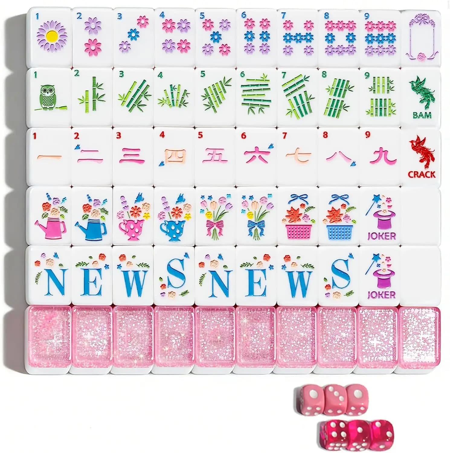 160-Piece Acrylic Mahjong Set with PU Bag, Sparkle Fairy Garden Design, 1.2" Tiles for Beginners