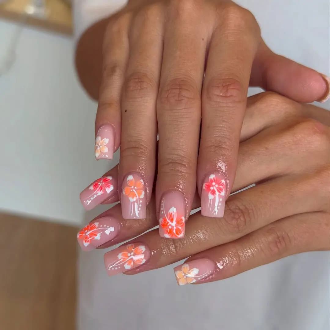 Unghie Finte Rosa Stile Francese con Fiori Bianchi Stampati, Unghie Artificiali Corte Quadrate Pronte all'Uso, 24 Pezzi