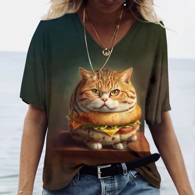 Divertente gatto modello alimentare maglietta per le donne animale carino 3D stampato maniche corte estate magliette allentate o-collo top tees streetwear