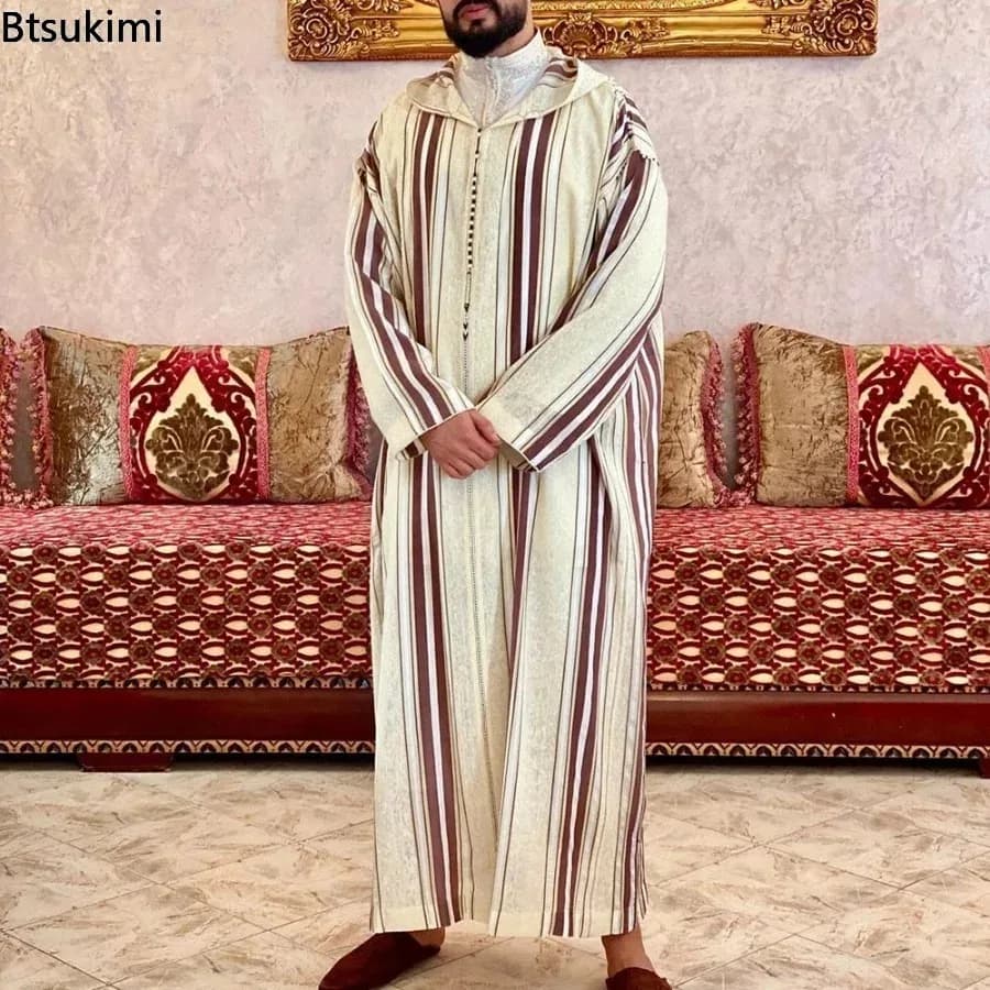 Nuovo Musulmano Jubba Thobe Vestiti Da Uomo Con Cappuccio Ramadan Primavera Autunno Abaya Dubai Turchia Abbigliamento Islamico Maschile Casual Allentato Striscia Rossa