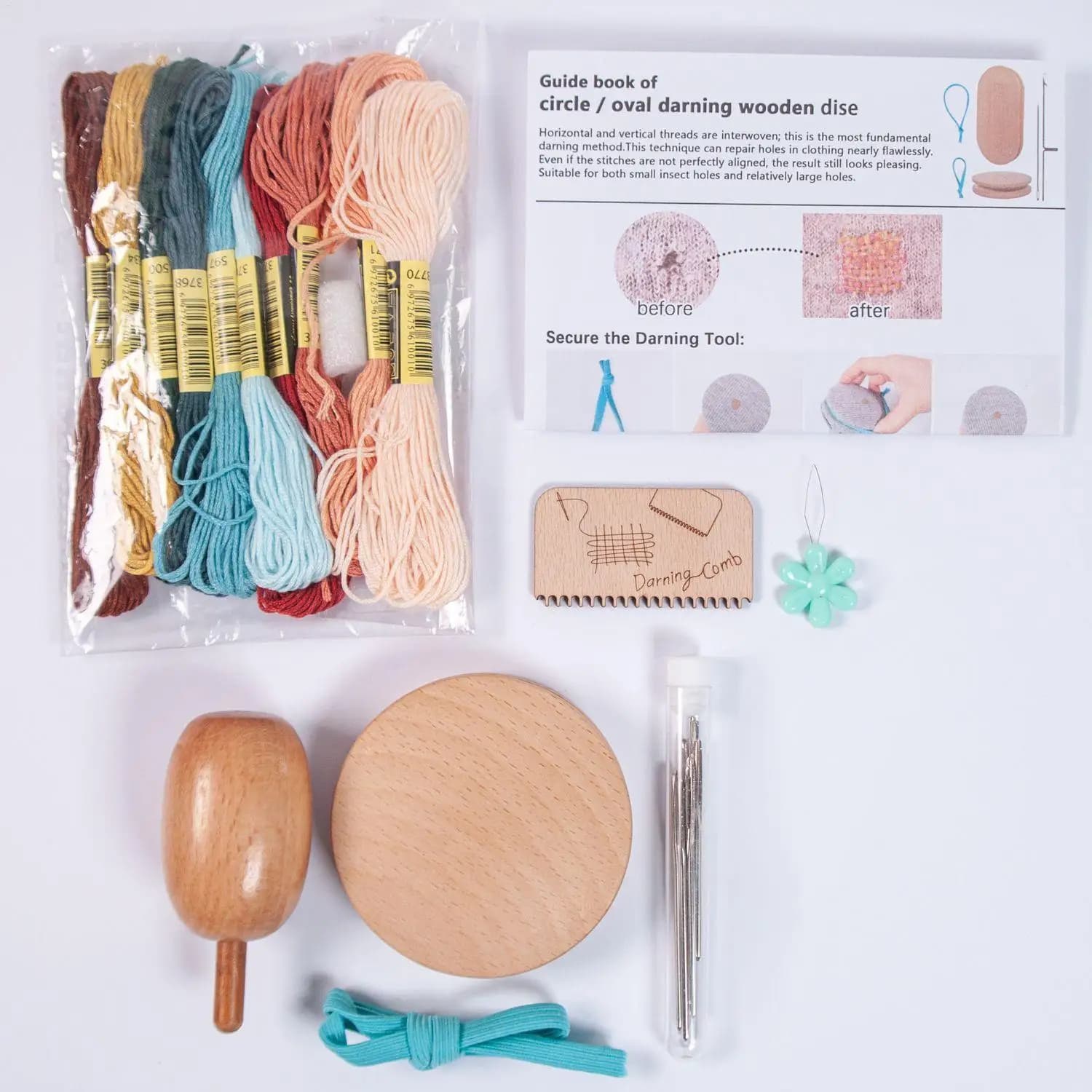 Kit per Riparazione Calze: Disco in Legno con 9 Aghi, Uovo per Toppatura, Riparatore per Calze con Infilatore e 10 Colori di Fili da Cucito per Toppatura Calze