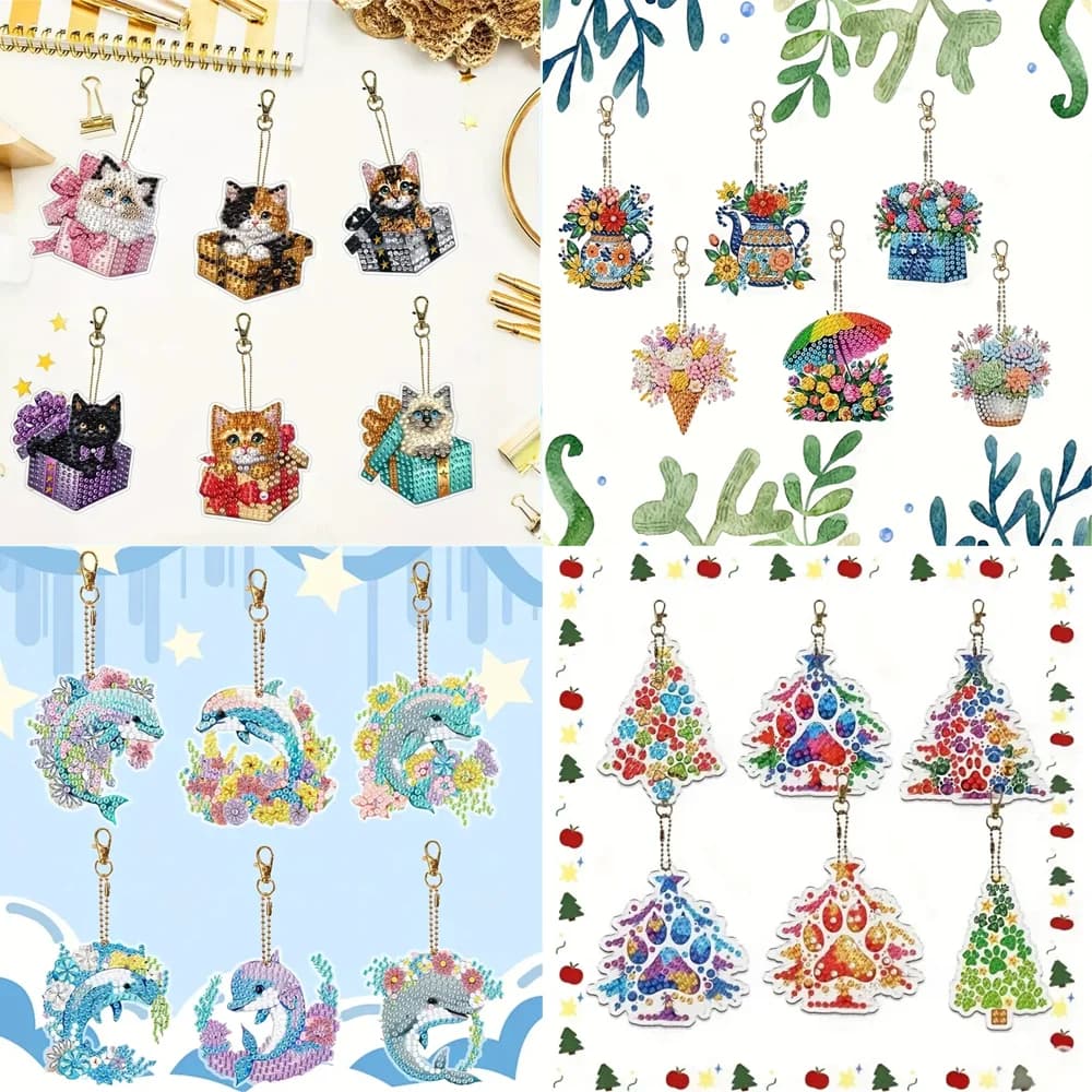 Portachiavi con diamanti fai-da-te da 6 pezzi - Serie di modelli di gatto, decorazione fatta a mano, materiale per set di pittura con diamanti, serie fatta a mano