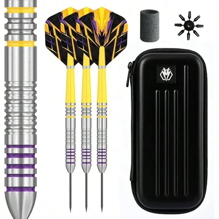 Darts Metal Tip Professional Steel Tip Darts, With 3 Dart Metal Barrels 3 Dart Wings 3 Interchangeable Plastic Shafts 12 Rubber O - Rings 1 Dart Sharpener