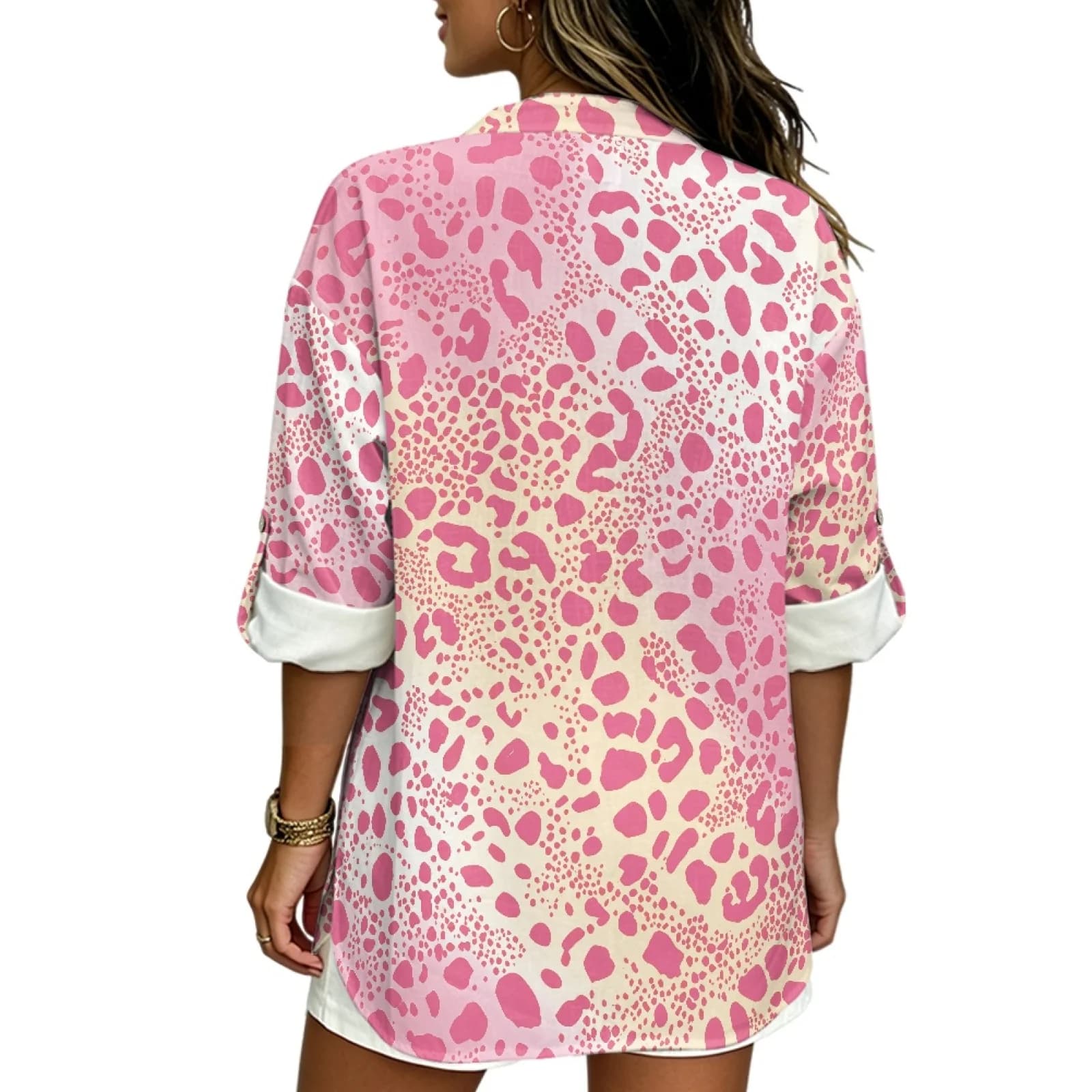 PENSTROLL Pink Leopard Linen Like Casual Long Sleeve V Neck Tops Casual Blouses for Women Slit Tunic Blouse