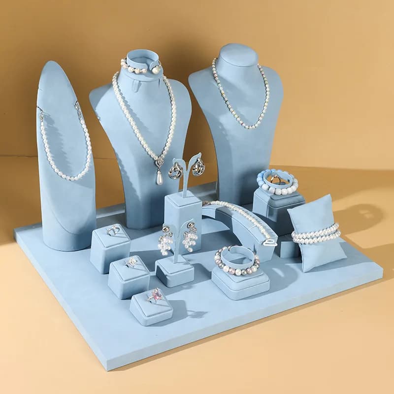 Light Blue Microfiber Suede Jewelry Display Stand Set Bust Necklace Mannequin Ring Earring Bracelet Watch Display Tray