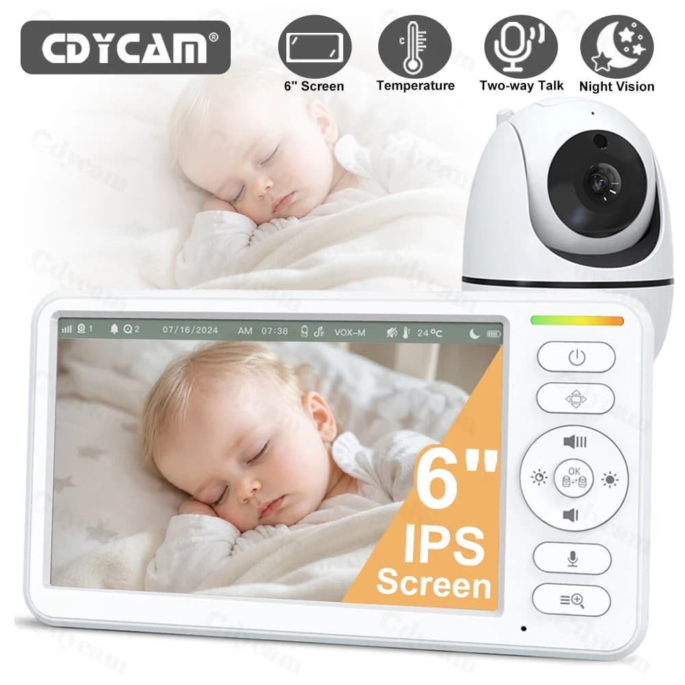 6'' Baby Monitor No WiFi PTZ Home Security Cam Night Vision Two Way Audio Portable Video Audio Monitor With Temperture Display