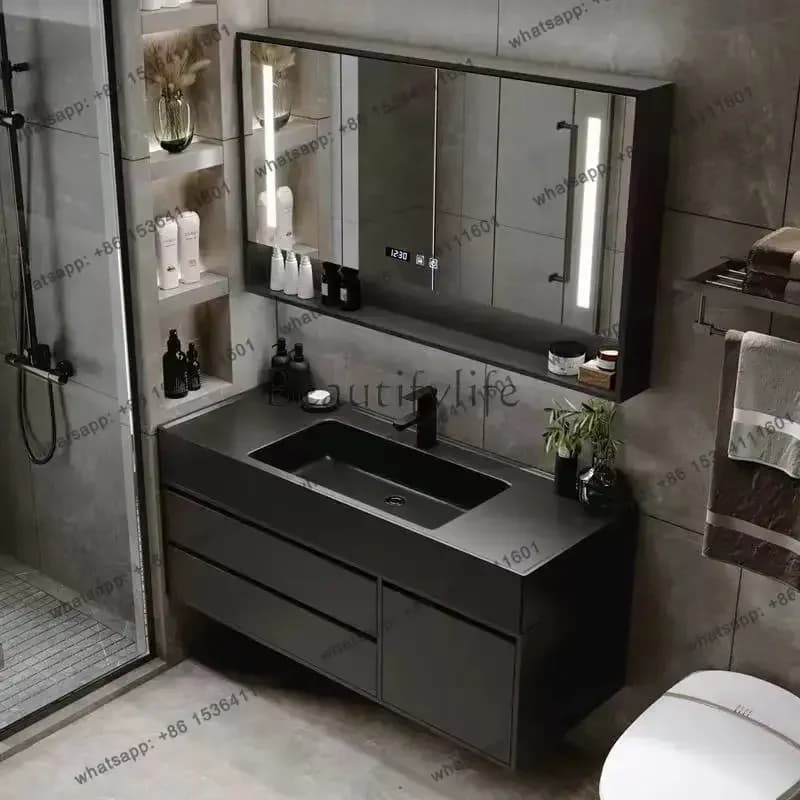 Mobile bagno moderno yj21 con lavabo e specchio, set armadietto da 36 pollici con LED, ideale per hotel