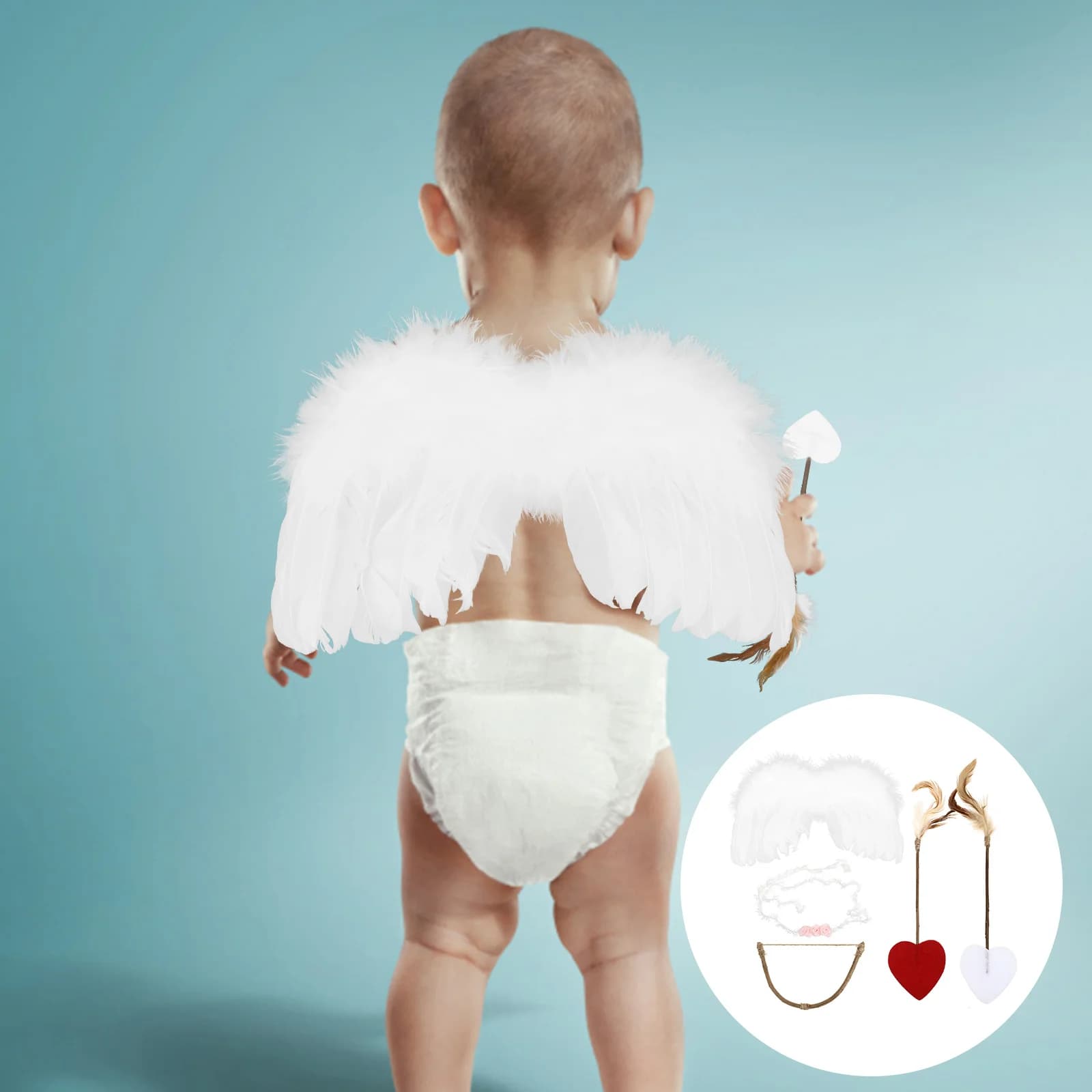 1 Set Fascia per capelli con ali di Cupido per bambini con fiocco per freccia Accessorio per costume per fotografia di angelo neonato per decorazioni per feste con ritratto infantile