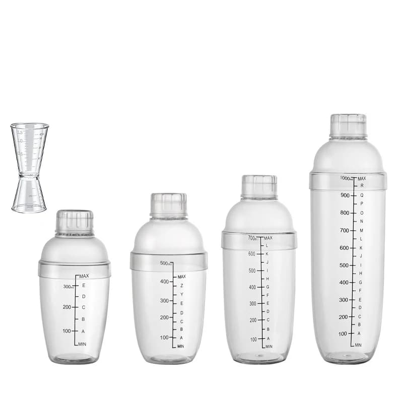 LMETJMA Set di shaker per cocktail in plastica, miscelatore per bevande con pennarello, shaker per bevande trasparente e set di misuratori, tazza di oncia JT25