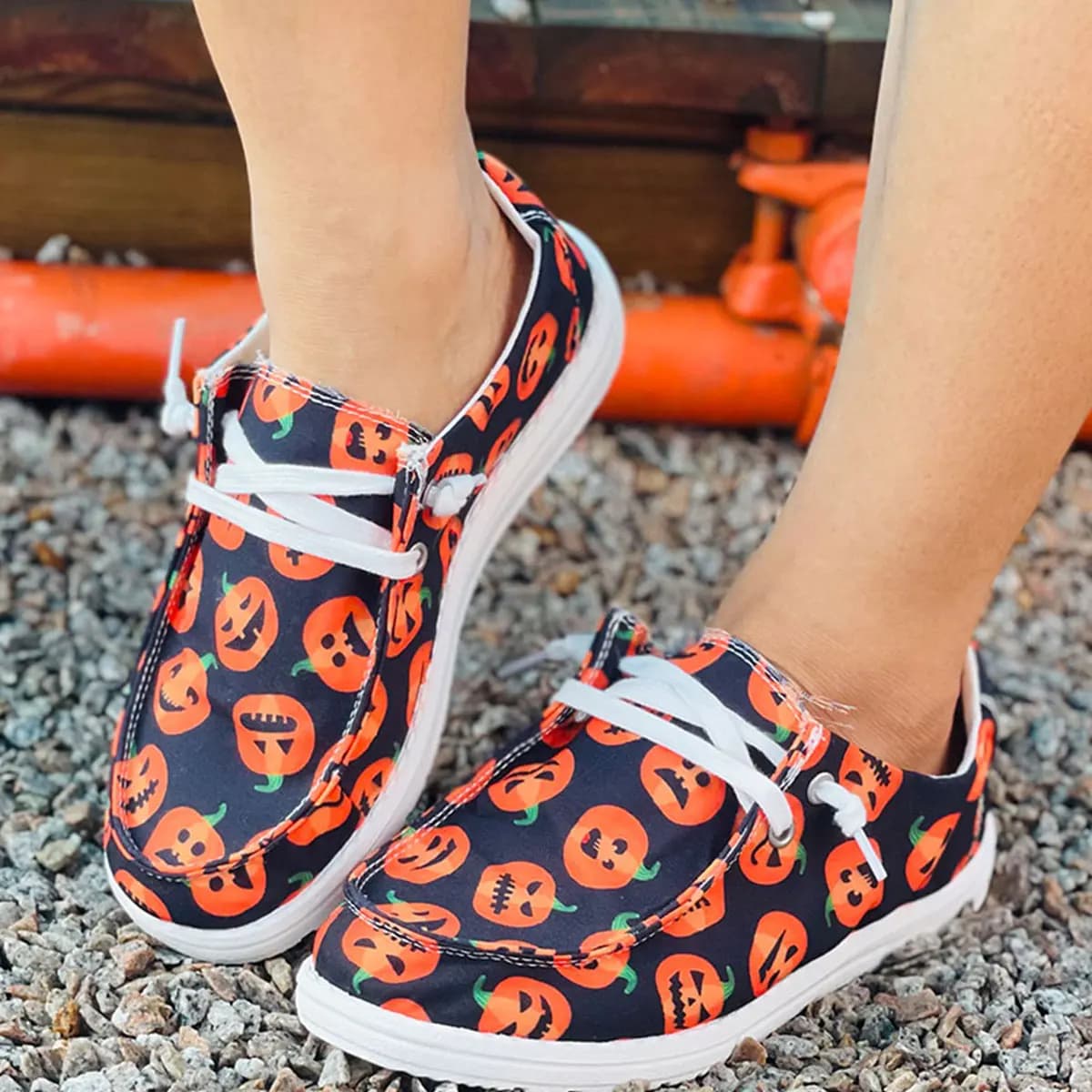 Women Halloween Pumpkin Print Canvas Loafers Lightweight Casual Flat Shoes for Daily and Halloween Party