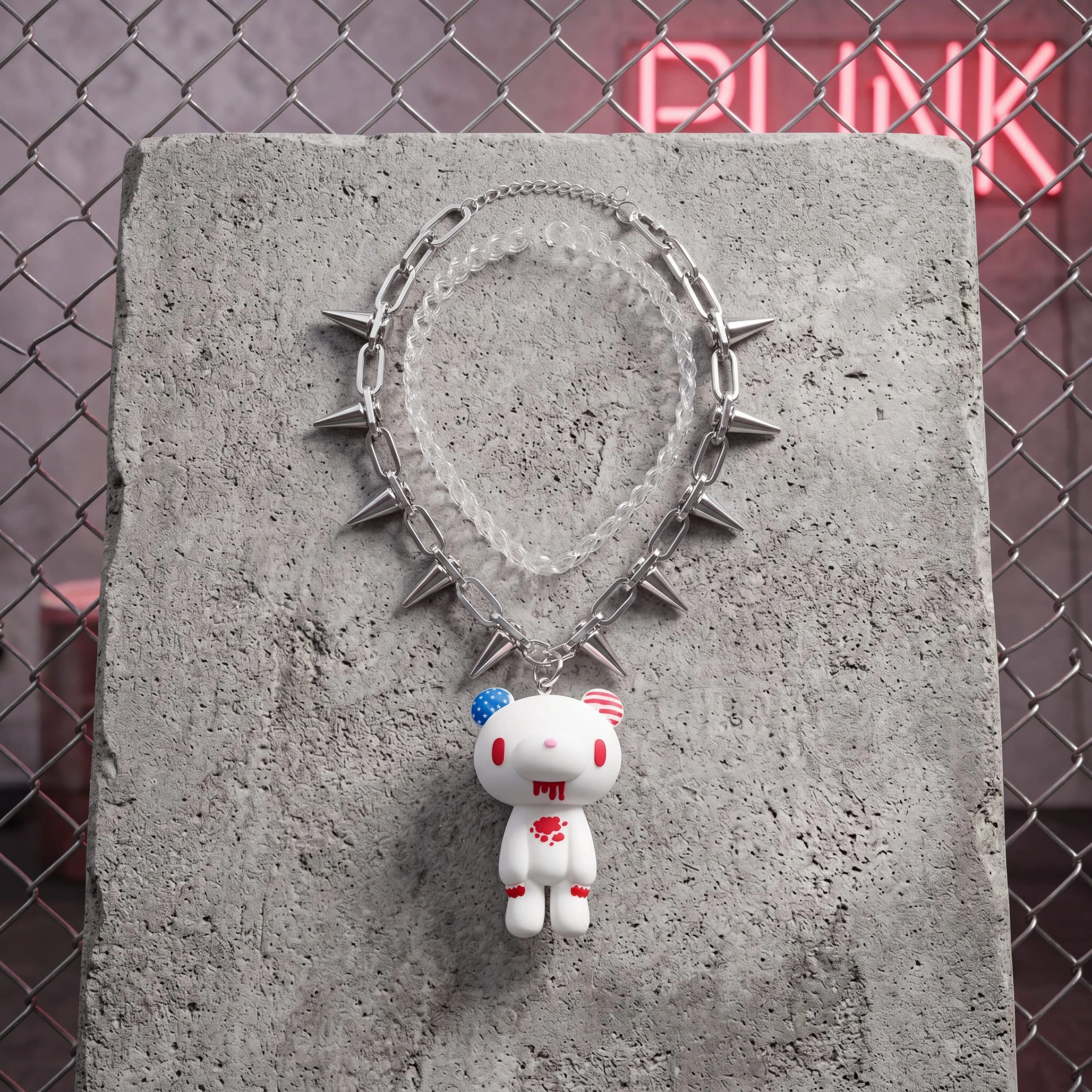 Collana con ciondolo a forma di orsetto con catena a punte, collana orsetto in stile punk per donna e uomo, regalo di gioielli alla moda e di tendenza