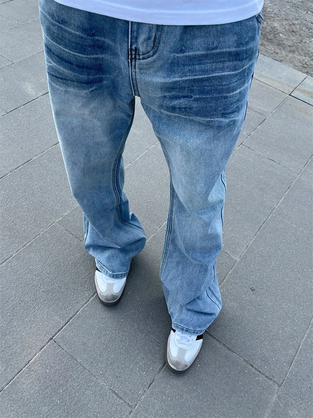 Jeans Slim Fit con Motivo a Fulmini Blu, Stile Americano High Street, Gamba Dritta per Uomo