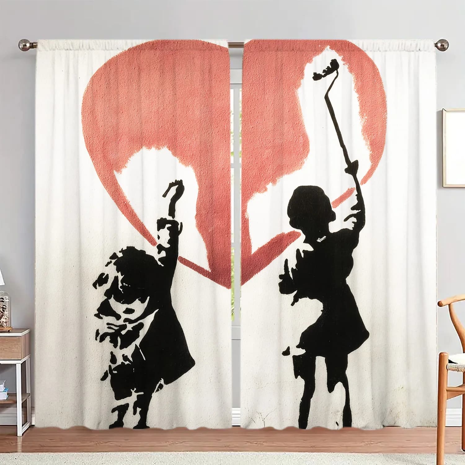 Romantic Heart Shaped Boho Curtain Drapes Window Coverings Children Silhouette Love Family Nursery Room Decor Accent Fabric
