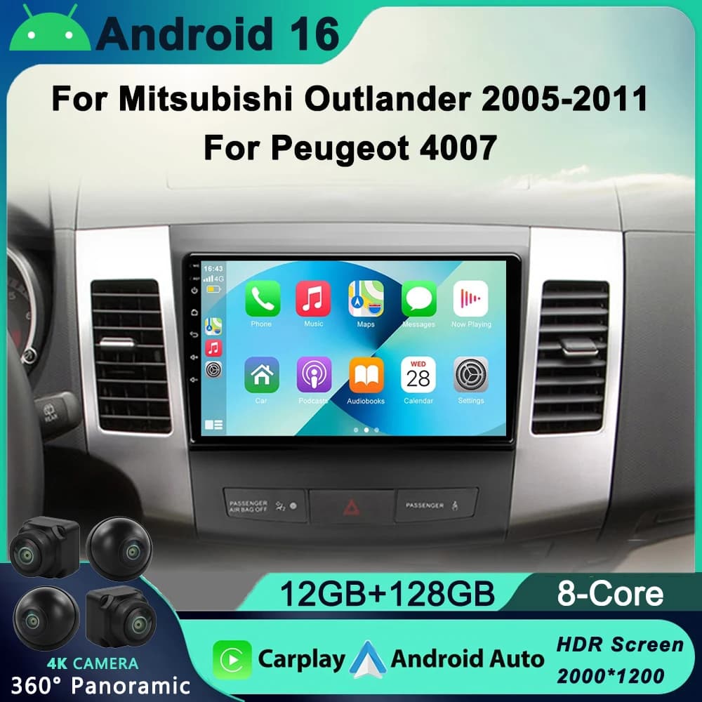 2 Din Android 16 Autoradio Lettore Multimediale Per Mitsubishi Outlander 2006-2011 Peugeot 4007 Citroen C-Crosser Carplay Gps