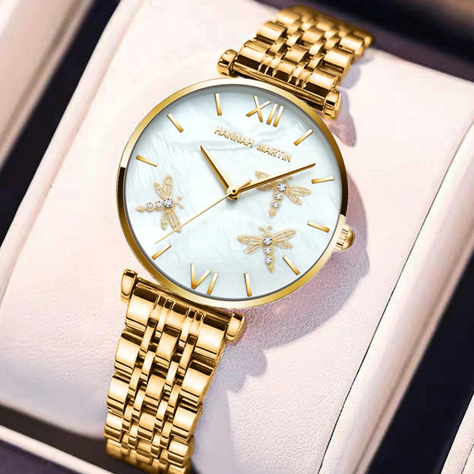 Orologi da donna di lusso in oro rosa quadrante da 36 mm design in rilievo con libellula 3D orologio con diamanti da donna al quarzo originale impermeabile 3ATM casual