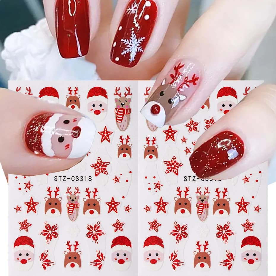 Natale Babbo Natale Alce Adesivi per nail art Fiocco di neve 3D Capodanno Cartoon Decorazioni per unghie Decalcomanie Cursori per manicure adesivi natalizi