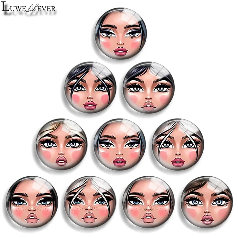 12mm 10mm 20mm 25mm 30mm 40mm 954 Girl Face Mix Rotondo Cabochon in vetro Piatto Gioielli Trova 18mm Bottone a pressione Bracciale con ciondoli