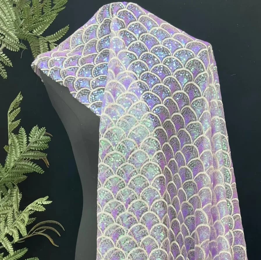 130cm Wide Colorful Fan-shaped Fish Scale Sequin Fabric Embroidered Mesh Lace Material for Women's Dresses & Princess Gowns F033
