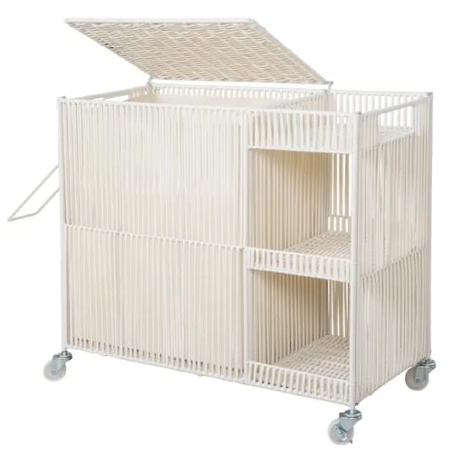 Laundry Hamper with Wheels Handwoven Laundry Basket with Lid Shelves Rolling Clothes Hamper with Removable Liner Bag 110L Large